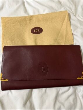 Cartier Burgundy Leather Clutch with Gold-Tone Corner Accents